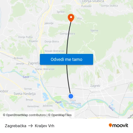 Zagrebačka to Kraljev Vrh map