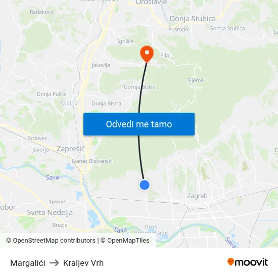 Margalići to Kraljev Vrh map