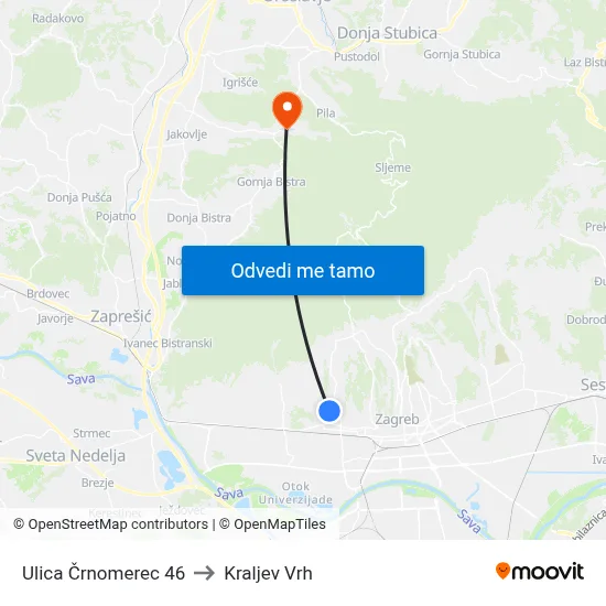 Ulica Črnomerec 46 to Kraljev Vrh map