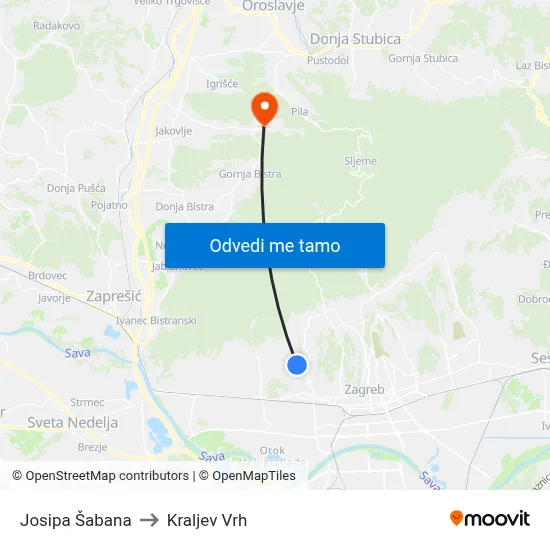 Josipa Šabana to Kraljev Vrh map