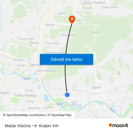 Matije Vlačića to Kraljev Vrh map