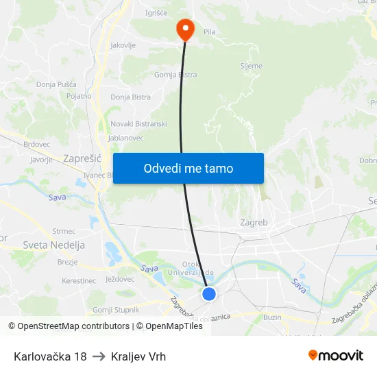 Karlovačka 18 to Kraljev Vrh map