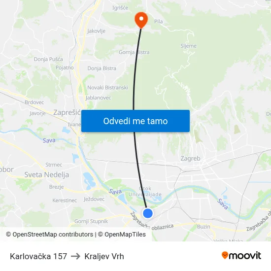 Karlovačka 157 to Kraljev Vrh map