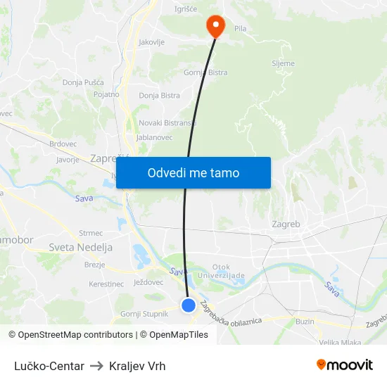 Lučko-Centar to Kraljev Vrh map