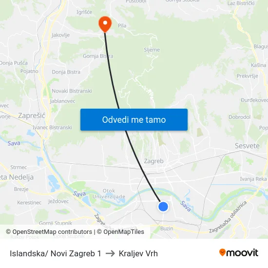 Islandska/ Novi Zagreb 1 to Kraljev Vrh map