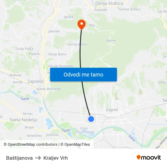 Baštijanova to Kraljev Vrh map
