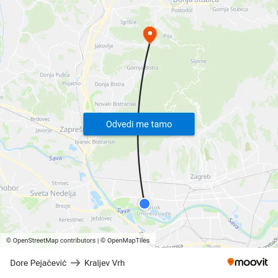 Dore Pejačević to Kraljev Vrh map
