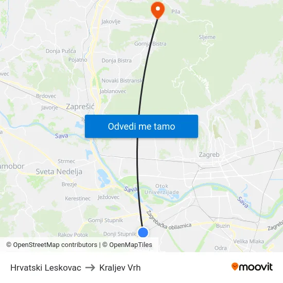 Hrvatski Leskovac to Kraljev Vrh map