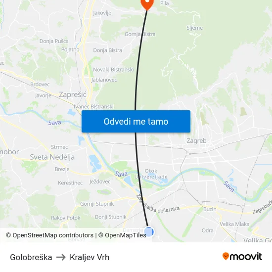 Golobreška to Kraljev Vrh map