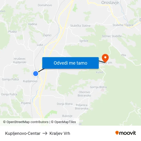 Kupljenovo-Centar to Kraljev Vrh map