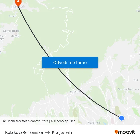 Kolakova-Grižanska to Kraljev vrh map