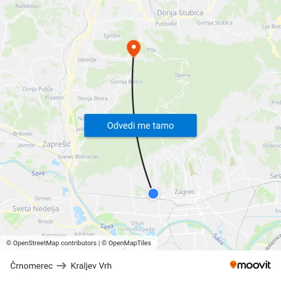 Črnomerec to Kraljev Vrh map