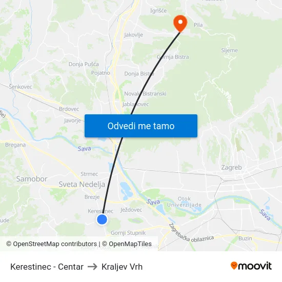 Kerestinec - Centar to Kraljev Vrh map