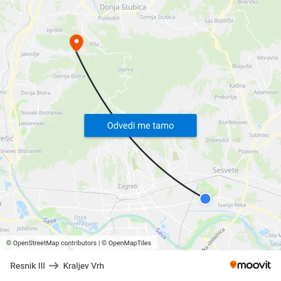 Resnik III to Kraljev Vrh map