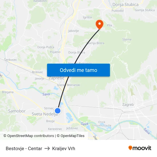 Bestovje - Centar to Kraljev Vrh map