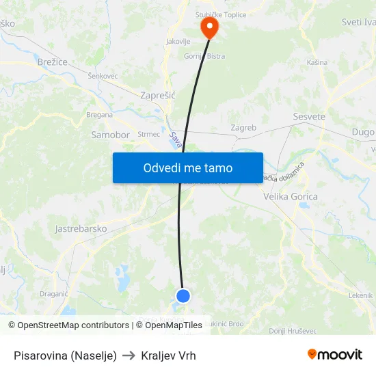Pisarovina (Naselje) to Kraljev Vrh map