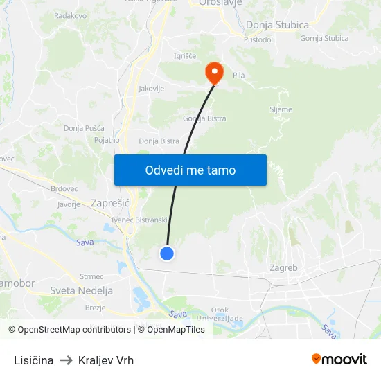 Lisičina to Kraljev Vrh map