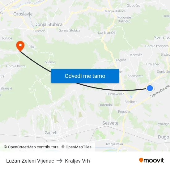 Lužan-Zeleni Vijenac to Kraljev Vrh map