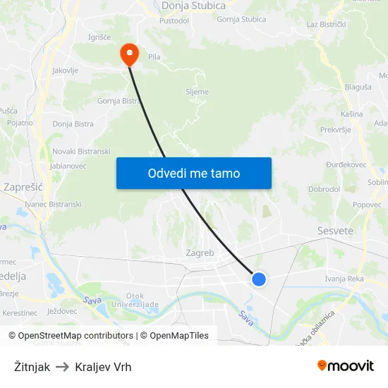 Žitnjak to Kraljev Vrh map