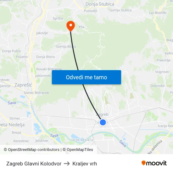 Zagreb Glavni Kolodvor to Kraljev vrh map