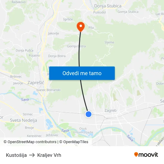 Kustošija to Kraljev Vrh map