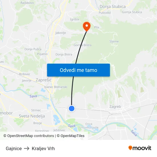 Gajnice to Kraljev Vrh map