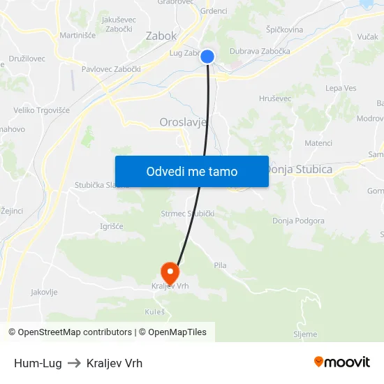 Hum-Lug to Kraljev Vrh map