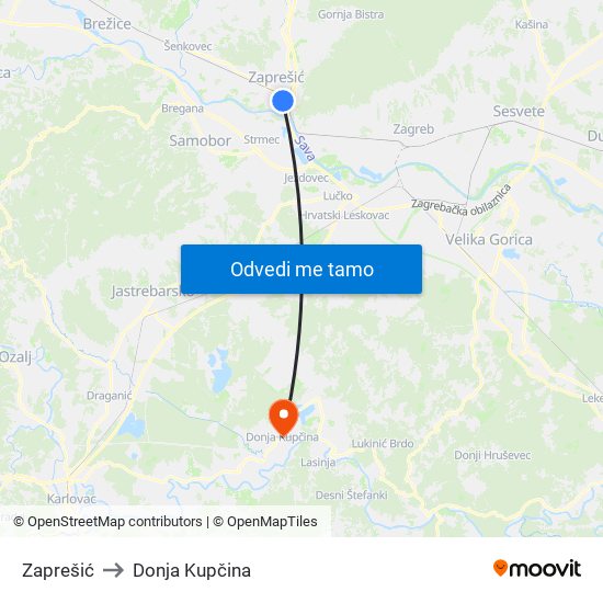 Zaprešić to Donja Kupčina map