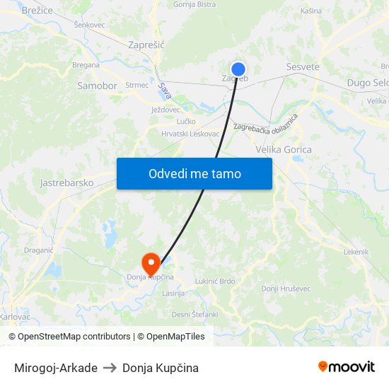 Mirogoj-Arkade to Donja Kupčina map