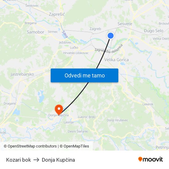 Kozari bok to Donja Kupčina map