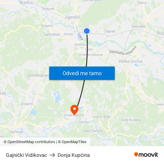 Gajnički Vidikovac to Donja Kupčina map