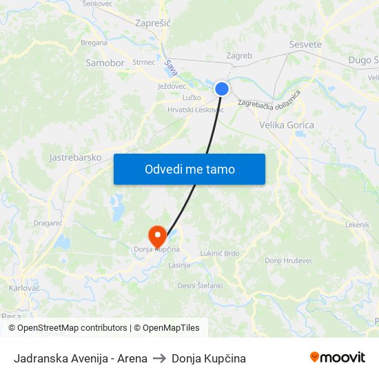 Jadranska Avenija - Arena to Donja Kupčina map