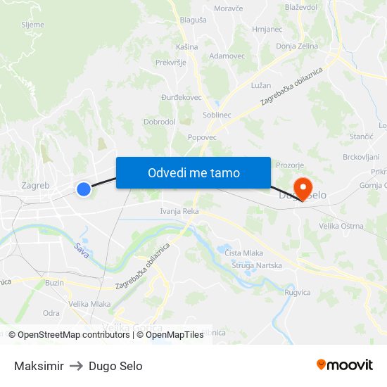 Maksimir to Dugo Selo map