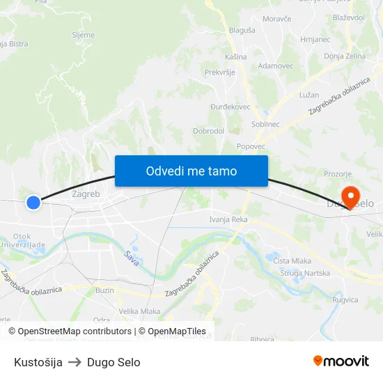 Kustošija to Dugo Selo map