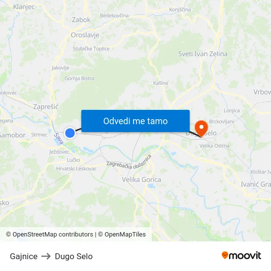 Gajnice to Dugo Selo map