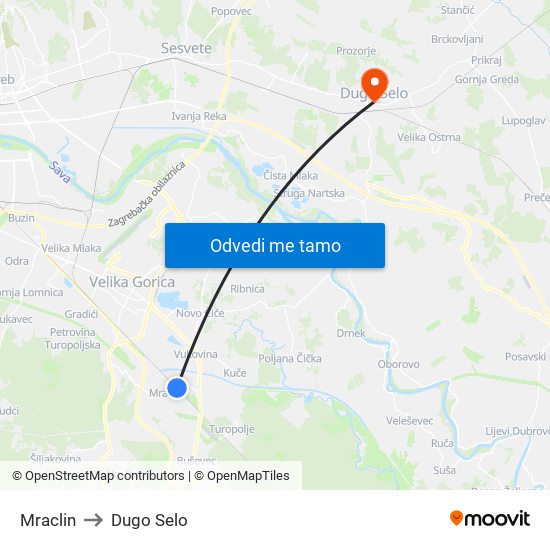 Mraclin to Dugo Selo map