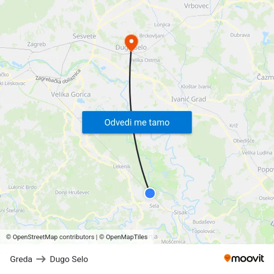 Greda to Dugo Selo map