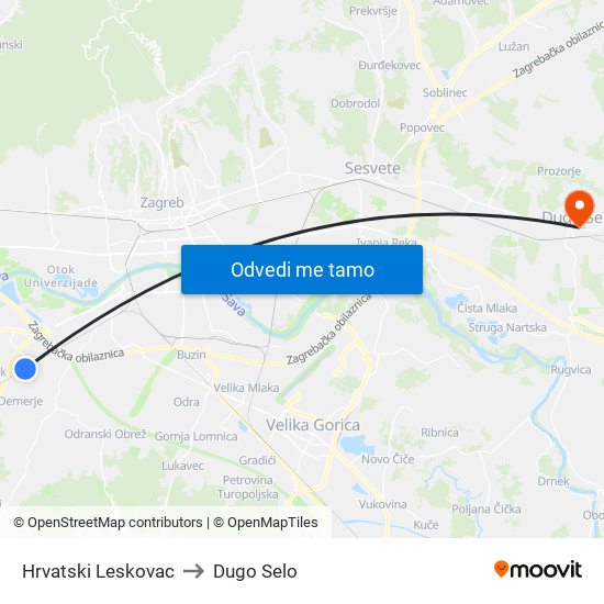 Hrvatski Leskovac to Dugo Selo map