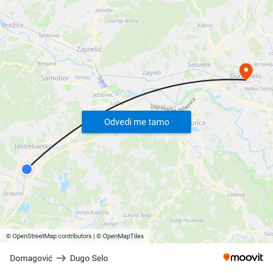 Domagović to Dugo Selo map