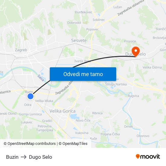 Buzin to Dugo Selo map
