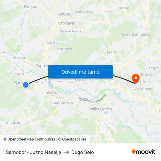 Samobor - Južno Naselje to Dugo Selo map