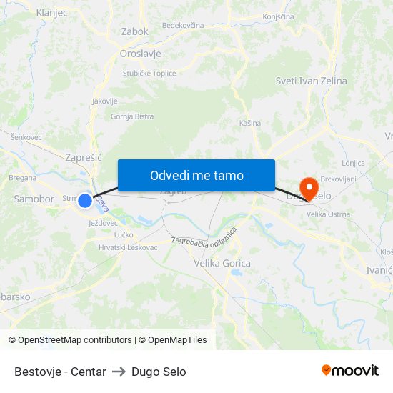 Bestovje - Centar to Dugo Selo map