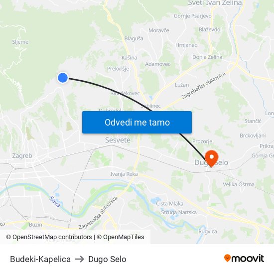 Budeki-Kapelica to Dugo Selo map