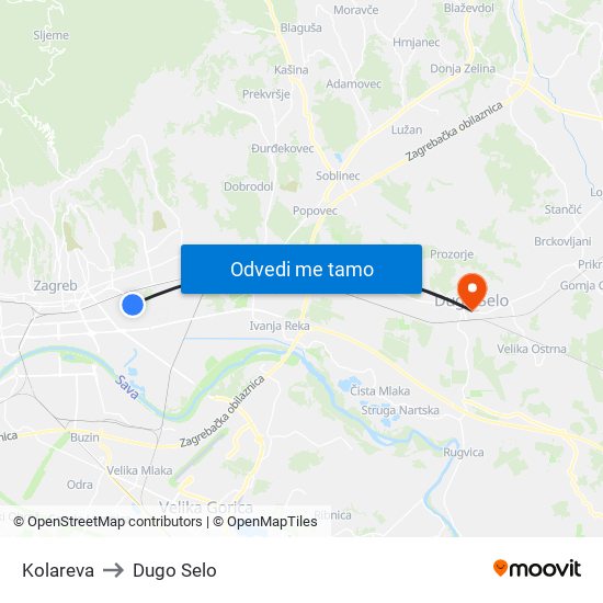 Kolareva to Dugo Selo map