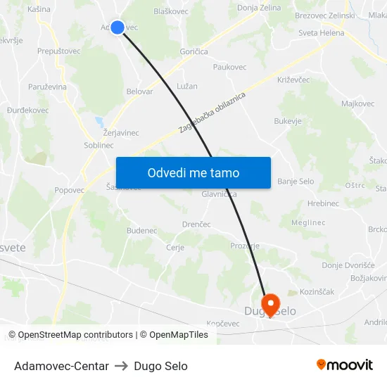 Adamovec-Centar to Dugo Selo map