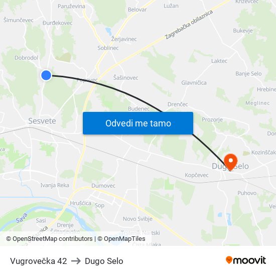 Vugrovečka 42 to Dugo Selo map