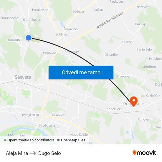 Aleja Mira to Dugo Selo map