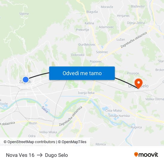 Nova Ves 16 to Dugo Selo map