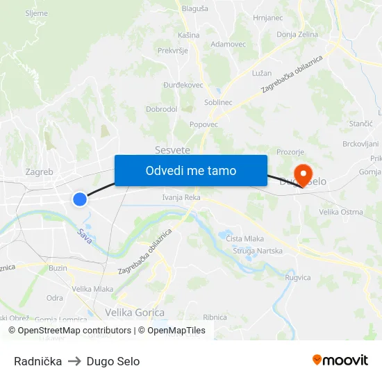 Radnička to Dugo Selo map