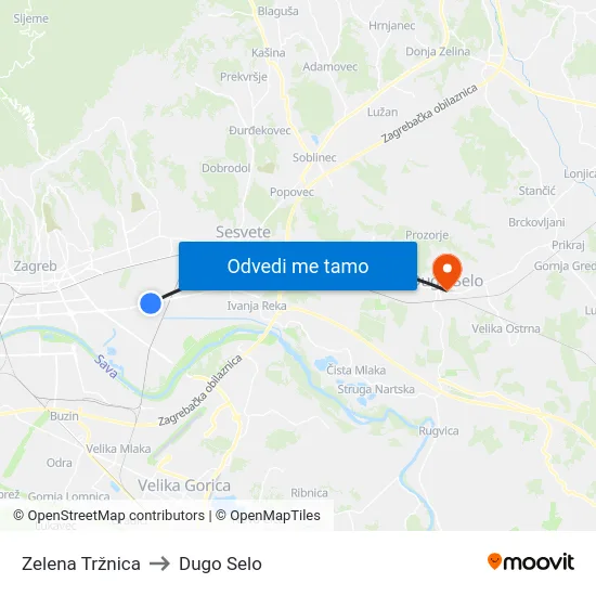 Zelena Tržnica to Dugo Selo map